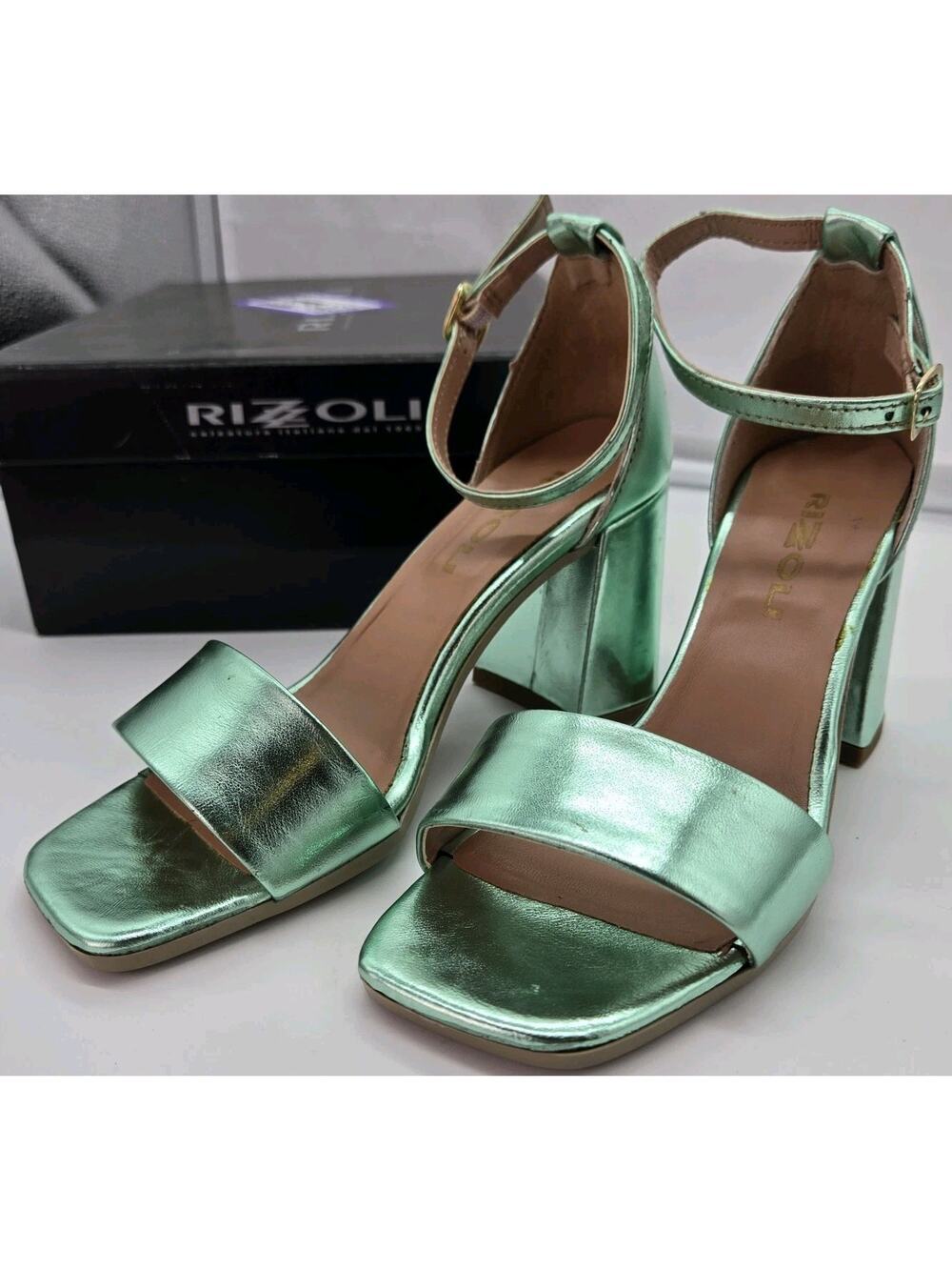 Rizzoli Metallic Green 3" Block Heel Open Toe Sandal NEW DOPAMINE 35 EU Rockstar